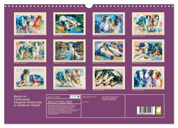 Produktbild: Barsoi im Farbenspiel. Elegante Windhunde in moderner &Ouml;loptik (Wandkalender 2026 DIN A3 quer), CALVENDO Monatskalender