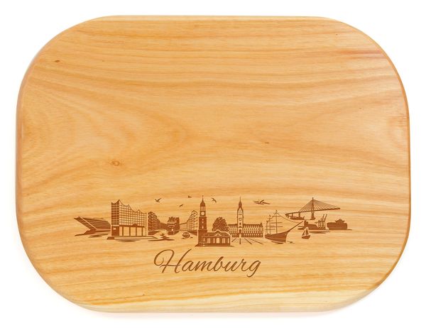 Produktbild: Abgerundetes Brotzeitbrett aus Kirschbaumholz, Motiv Hamburg