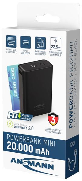 Produktbild: Ansmann 20000 mAh PB222PD sw Powerbank 20Ah USB PD 3.0, Quick Charge 2.0 LiPo Schwarz mit Laderegler, gleichzeitiges Laden und
