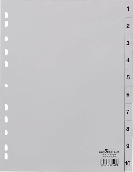 Produktbild: Durable 6511 Register DIN A4 1-10 Polypropylen Grau 10 Registerblätter geprägte Taben 651110
