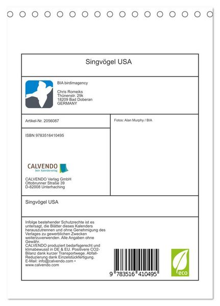 Produktbild: Singv&ouml;gel USA (Tischkalender 2026 DIN A5 hoch), CALVENDO Monatskalender