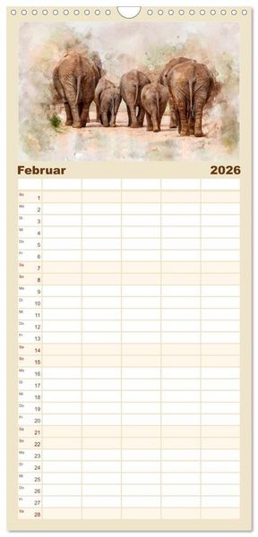 Produktbild: Familienplaner 2026 - Elefanten - k&uuml;nstlerische Impressionen der gr&ouml;&szlig;ten noch lebenden Landtiere mit 5 Spalten (Wandkalender, 21 x 45 cm) CALVENDO
