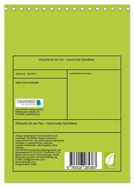 Produktbild: W&uuml;nsche Dir ein Tier &ndash; Humorvolle Hybridtiere (Tischkalender 2026 DIN A5 hoch), CALVENDO Monatskalender