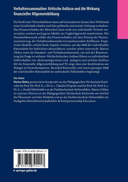 Produktbild: Verhaltensanomalien: Kritische Anl&auml;sse und die Wirkung finanzieller Allgemeinbildung