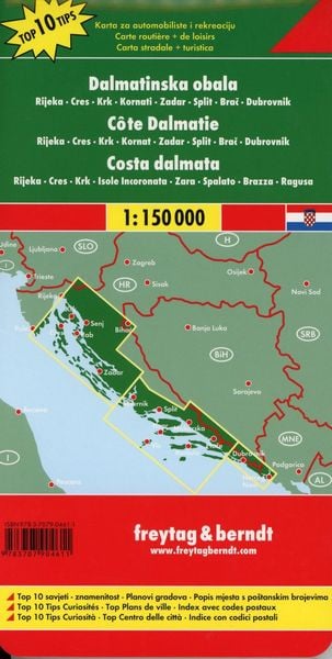 Dalmatinische Küste, Rijeka - Cres - Krk - Kornaten - Zadar - Split - Brac - Dubrovnik, Autokarte 1:150.000