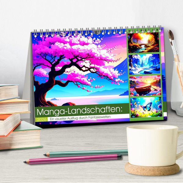 Produktbild: Manga-Landschaften: Ein visueller Ausflug durch Fantasiewelten (Tischkalender 2026 DIN A5 quer), CALVENDO Monatskalender