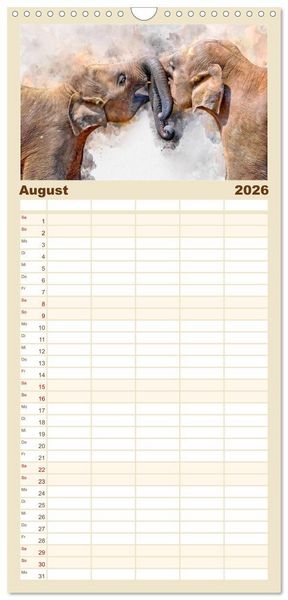 Produktbild: Familienplaner 2026 - Elefanten - k&uuml;nstlerische Impressionen der gr&ouml;&szlig;ten noch lebenden Landtiere mit 5 Spalten (Wandkalender, 21 x 45 cm) CALVENDO