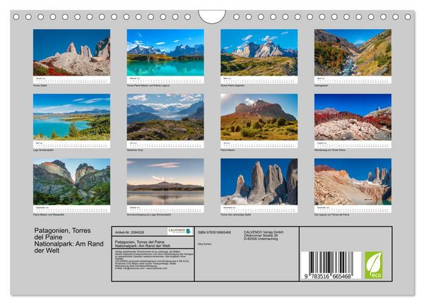 Produktbild: Patagonien, Torres del Paine Nationalpark: Am Rand der Welt (Wandkalender 2026 DIN A4 quer), CALVENDO Monatskalender