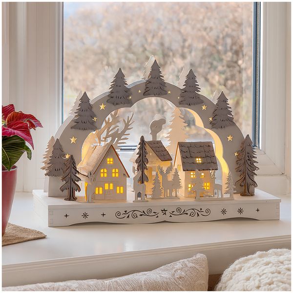 HTI-Living Schwibbogen Tannen und Dorf Weiß Grau Schwibbogen Tannen und Dorf Weiß Grau