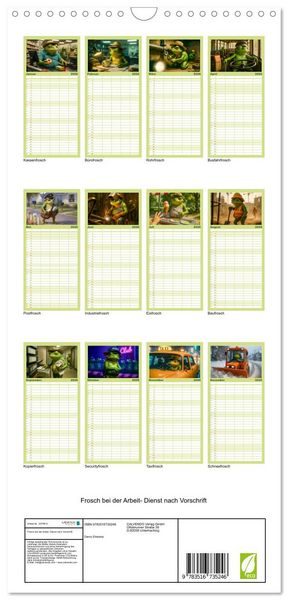 Produktbild: Familienplaner 2026 - Frosch bei der Arbeit- Dienst nach Vorschrift mit 5 Spalten (Wandkalender, 21 x 45 cm) CALVENDO