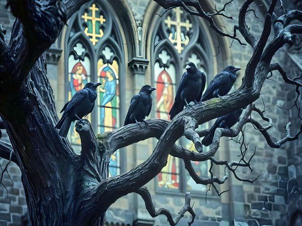 Produktbild: CALVENDO Puzzle Gefl&uuml;sterte Prophezeiungen - HD-Leinwand "Kr&auml;hen & alte Kirche" | 1000 Teile Lege-Gr&ouml;&szlig;e 64x48cm Foto-Puzzle f&uuml;r gl&uuml;ckliche Stunden