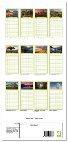 Produktbild: Familienplaner 2026 - Leidenschaft Landschaften mit 5 Spalten (Wandkalender, 21 x 45 cm) CALVENDO