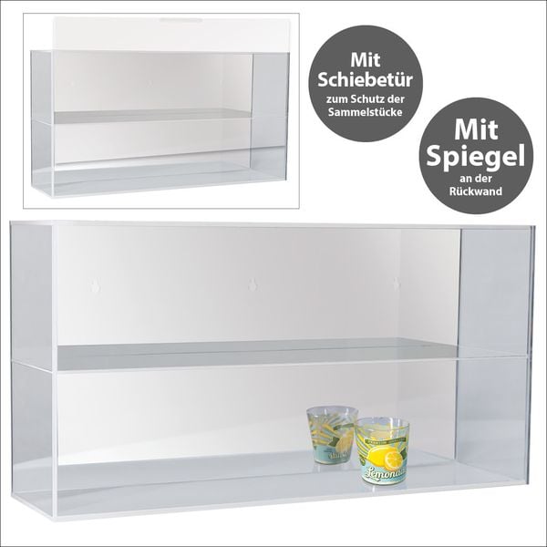 Produktbild: Hochwertige Acryl-Vitrine mit verspiegelter R&uuml;ckwand und 2 Ebenen. Einschub an der Vorderseite kann komplett ge&ouml;ffnet werden, wird aufgebaut geliefert, auch f&uuml;r Wandmontage geeignet. Innenformate der F&auml;cher jeweils 52 x 14,8 x 14,8 cm