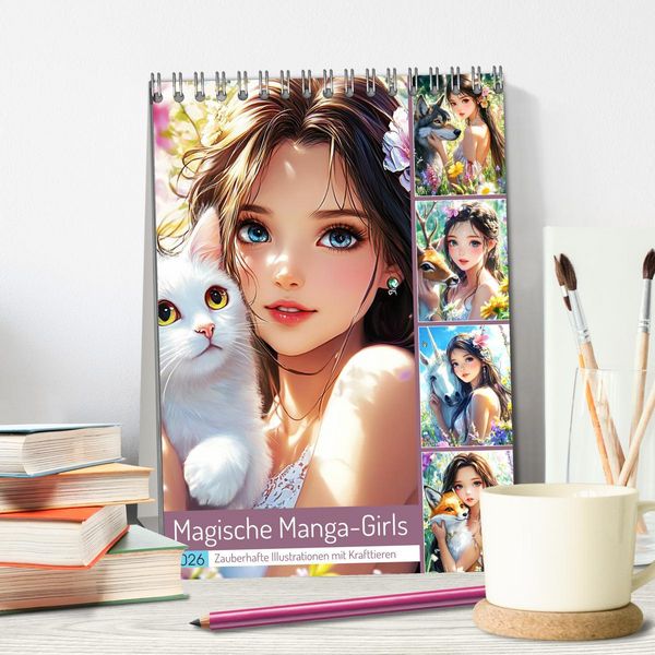 Produktbild: Magische Manga-Girls. Zauberhafte Illustrationen mit Krafttieren (Tischkalender 2026 DIN A5 hoch), CALVENDO Monatskalender