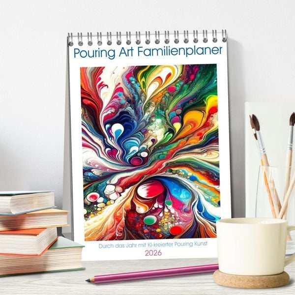 Produktbild: Pouring Art Familienplaner - Durch das Jahr mit KI-kreierter Pouring Kunst (Tischkalender 2026 DIN A5 hoch), CALVENDO Monatskalender