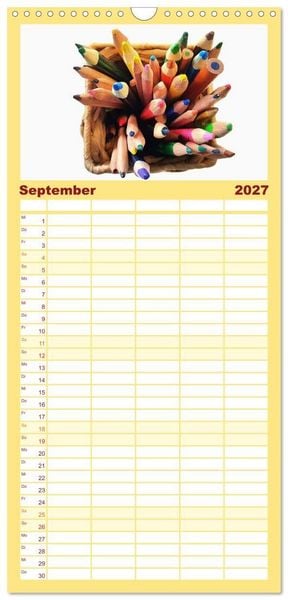 Produktbild: Familienplaner 2027 - Atelierimpressionen - Des K&uuml;nstlers Handwerkzeug im Portrait mit 5 Spalten (Wandkalender, 21 x 45 cm) CALVENDO