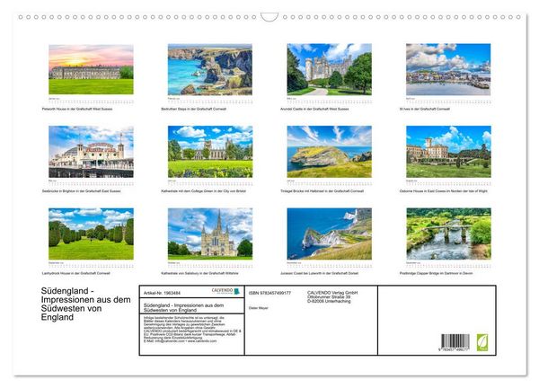 Produktbild: S&uuml;dengland - Impressionen aus dem S&uuml;dwesten von England (Wandkalender 2026 DIN A2 quer), CALVENDO Monatskalender