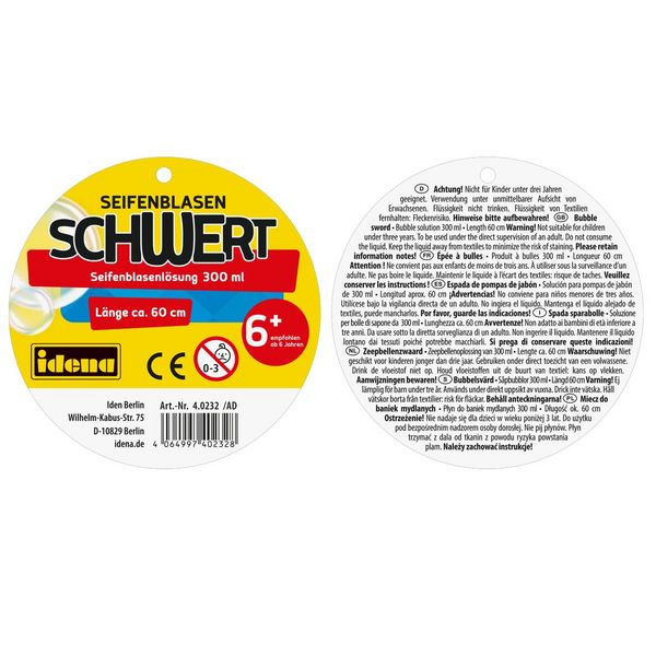 Produktbild: Idena Seifenblasenschwert inkl. Seifenblasenfl&uuml;ssigkeit 60cm 2fach sortiert