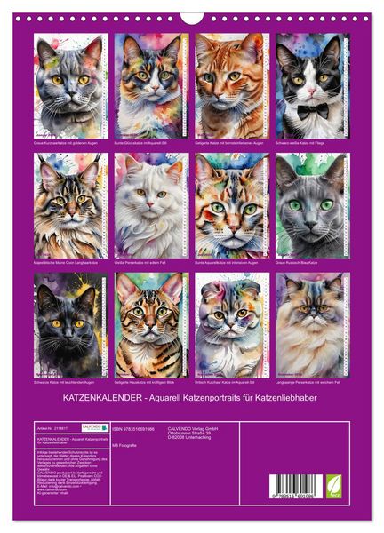 Produktbild: KATZENKALENDER - Aquarell Katzenportraits f&uuml;r Katzenliebhaber (Wandkalender 2026 DIN A3 hoch), CALVENDO Monatskalender
