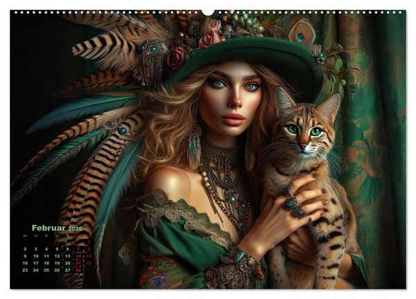 Produktbild: Luxuri&ouml;ser Bohemian Flair - Elegante Frauen mit anmutigen Katzen (hochwertiger Premium Wandkalender 2026 DIN A2 quer), Kunstdruck in Hochglanz
