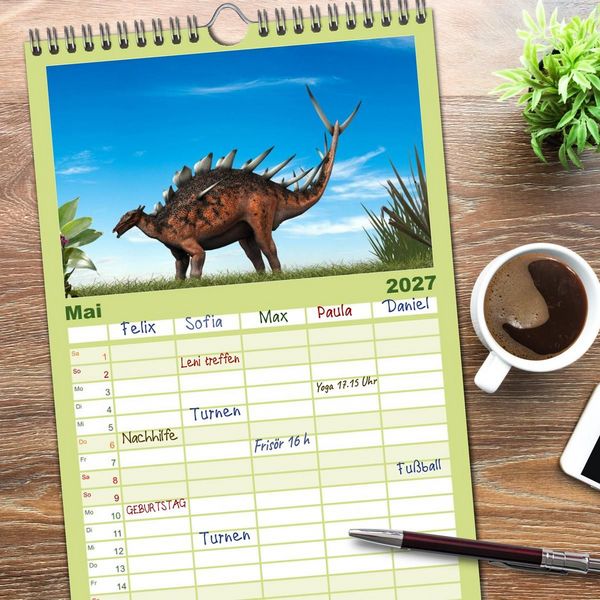 Produktbild: Familienplaner 2027 - Dinosaurier. Urzeitliche Giganten mit 5 Spalten (Wandkalender, 21 x 45 cm) CALVENDO