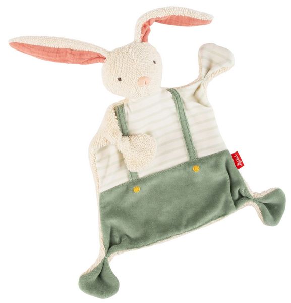 Sigikid 31045 - Schnuffeltuch Hase mit Hosenträger, beige/grün, Baumwolle, 18x6x24cm