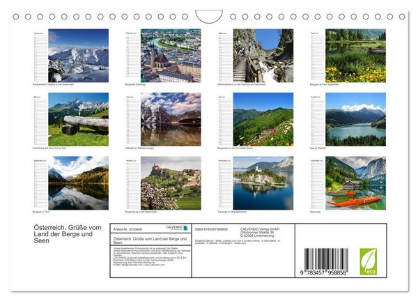 Produktbild: &Ouml;sterreich. Gr&uuml;&szlig;e vom Land der Berge und Seen (Wandkalender 2026 DIN A4 quer), CALVENDO Monatskalender