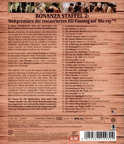 Produktbild: Bonanza Restored - Staffel 2: Alle 34 Folgen erstmals in HD (Paramount Restoration) [5 BRs]