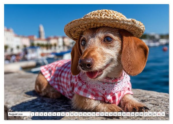 Produktbild: Dackel auf gro&szlig;er Tour - S&uuml;&szlig;e Hunde entdecken die Welt (Tischkalender 2026 DIN A5 quer), CALVENDO Monatskalender