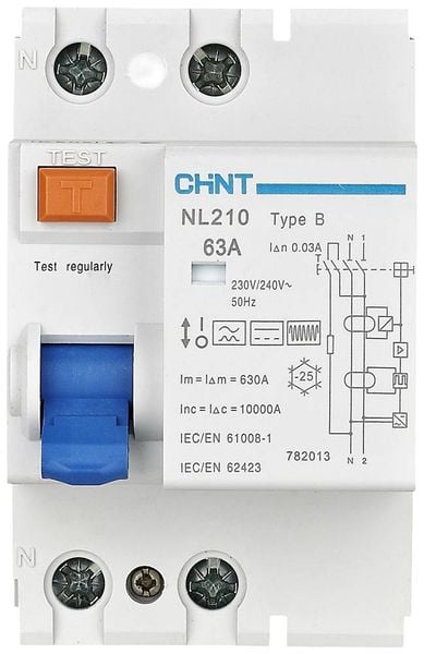 Chint 782016 NL210 1PN 63A 100mA B 10kA FI-Schutzschalter B/10 kA 1polig 63A 0.1A 240V