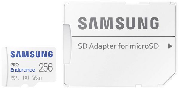 Produktbild: Samsung PRO Endurance microSDXC-Karte 256 GB Class 10, UHS-Class 3, v30 Video Speed Class 4K-Videounterst&uuml;tzung, inkl. SD-Adapter, sto&szlig;sicher