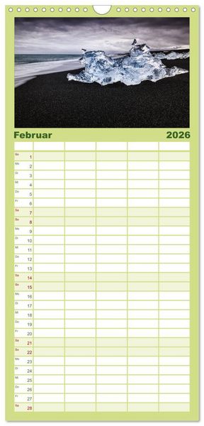 Produktbild: Familienplaner 2026 - Island - Spektakul&auml;re Landschaft aus Feuer, Wasser und Eis mit 5 Spalten (Wandkalender, 21 x 45 cm) CALVENDO