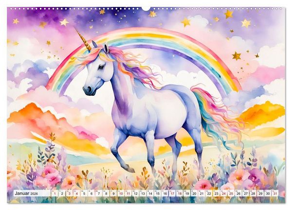 Produktbild: Magische Einh&ouml;rner - Traumlandschaften unterm Regenbogen (hochwertiger Premium Wandkalender 2026 DIN A2 quer), Kunstdruck in Hochglanz