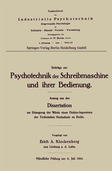 Produktbild: Beitr&auml;ge zur Psychotechnik der Schreibmaschine und ihrer Bedienung