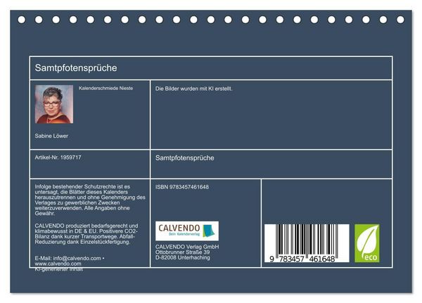 Produktbild: Samtpfotenspr&uuml;che (Tischkalender 2026 DIN A5 quer), CALVENDO Monatskalender