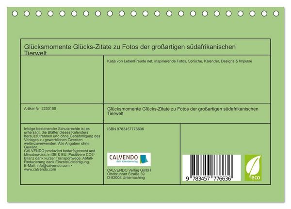 Produktbild: Gl&uuml;cksmomente Gl&uuml;cks-Zitate zu Fotos der gro&szlig;artigen s&uuml;dafrikanischen Tierwelt (Tischkalender 2026 DIN A5 quer), CALVENDO Monatskalender