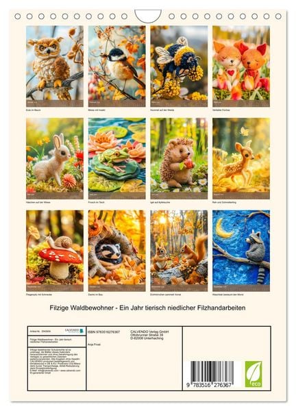 Produktbild: Filzige Waldbewohner - Ein Jahr tierisch niedlicher Filzhandarbeiten (Wandkalender 2026 DIN A4 hoch), CALVENDO Monatskalender