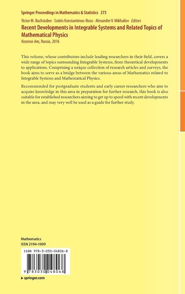 Produktbild: Recent Developments in Integrable Systems and Related Topics of Mathematical Physics