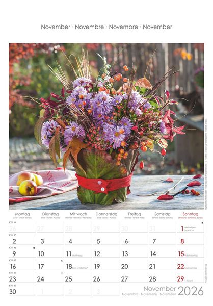 Blumen 2026 - Bildkalender 23,7x34 cm - Kalender mit Platz für Notizen - mit vielen Zusatzinformationen - Wandkalender - Blumenkalender