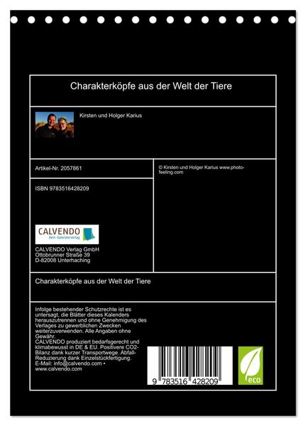 Produktbild: Charakterk&ouml;pfe aus der Welt der Tiere (Tischkalender 2026 DIN A5 hoch), CALVENDO Monatskalender