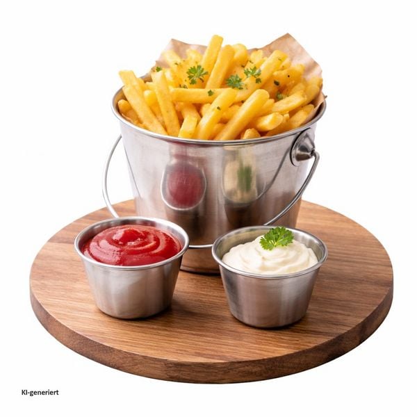 Produktbild: neuetischkultur Edelstahl Pommes Servierset Eimer mit 2 Dipschalen Snack Set modern