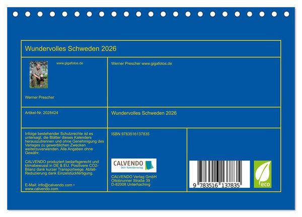 Produktbild: Wundervolles Schweden 2026 (Tischkalender 2026 DIN A5 quer), CALVENDO Monatskalender