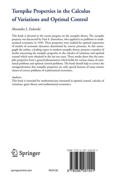 Produktbild: Turnpike Properties in the Calculus of Variations and Optimal Control