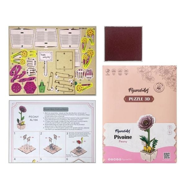 Produktbild: FiguredArt AL104 - Pfingstrose, 3D Puzzle, Holz, 83 Teile, H&ouml;he: 18,9 cm