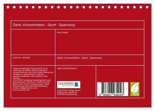 Produktbild: Darts. Konzentration - Sport - Spannung (Tischkalender 2026 DIN A5 quer), CALVENDO Monatskalender