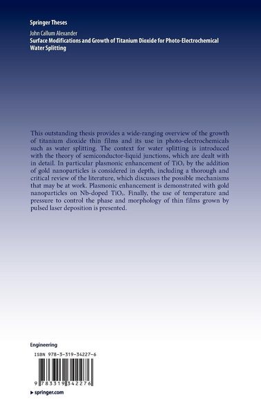 Produktbild: Surface Modifications and Growth of Titanium Dioxide for Photo-Electrochemical Water Splitting