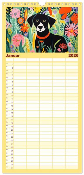 Produktbild: Familienplaner 2026 - Hunde Kunstwerke - Hunde im Stil des Fauvismus k&uuml;nstlerisch gestaltet mit 5 Spalten (Wandkalender, 21 x 45 cm) CALVENDO