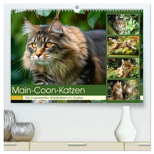 Main-Coon-Katzen. Die imposanten Waldkatzen im Garten (hochwertiger Premium Wandkalender 2026 DIN A2 quer), Kunstdruck in Hochglanz