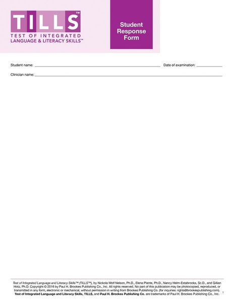 Produktbild: Test of Integrated Language and Literacy Skills(tm) (Tills(tm)) Student Response Forms
