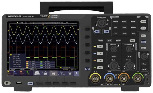 Produktbild: VOLTCRAFT DSO-6204F Digital-Oszilloskop 200 MHz 4-Kanal 1 GSa/s 10 Mpts 8 Bit Digital-Speicher (DSO), Funktionsgenerator 1 St.